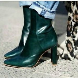 Zara Dark Green Genuine Leather Heeled Retro Minimalist Modern Cute Ankle Bootie